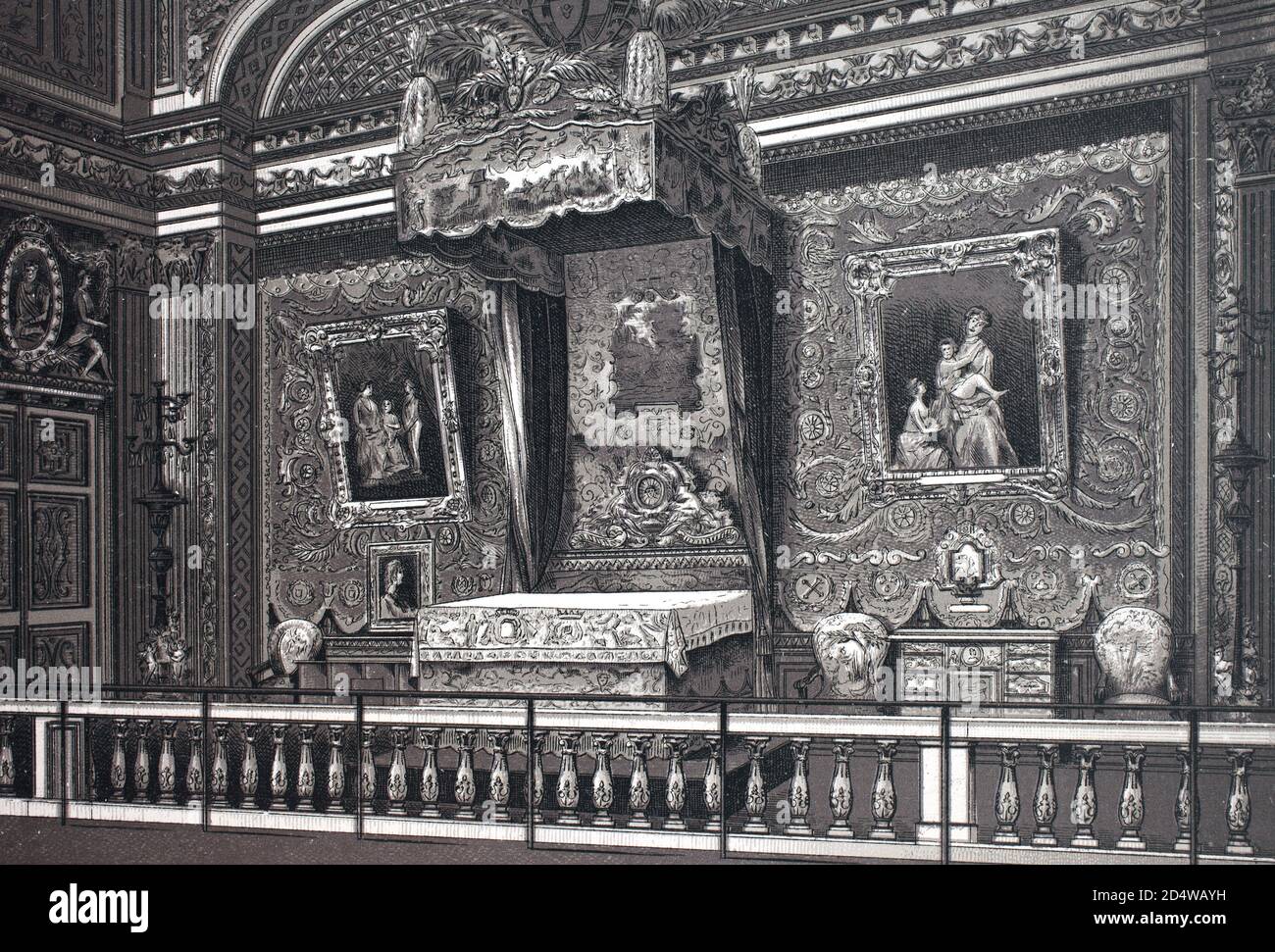 Versailles, Chambre er lit de Louis 14, chambre royale de Louis le 14ème, France, gravure historique en plaque de cuivre de 1860 Banque D'Images