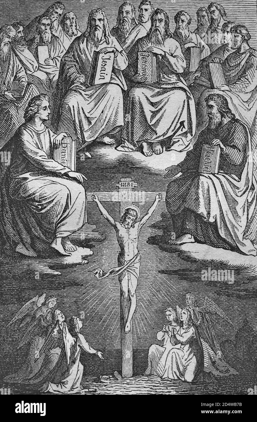 Crucifixion, gravure historique en acier de l'année 1860 Banque D'Images