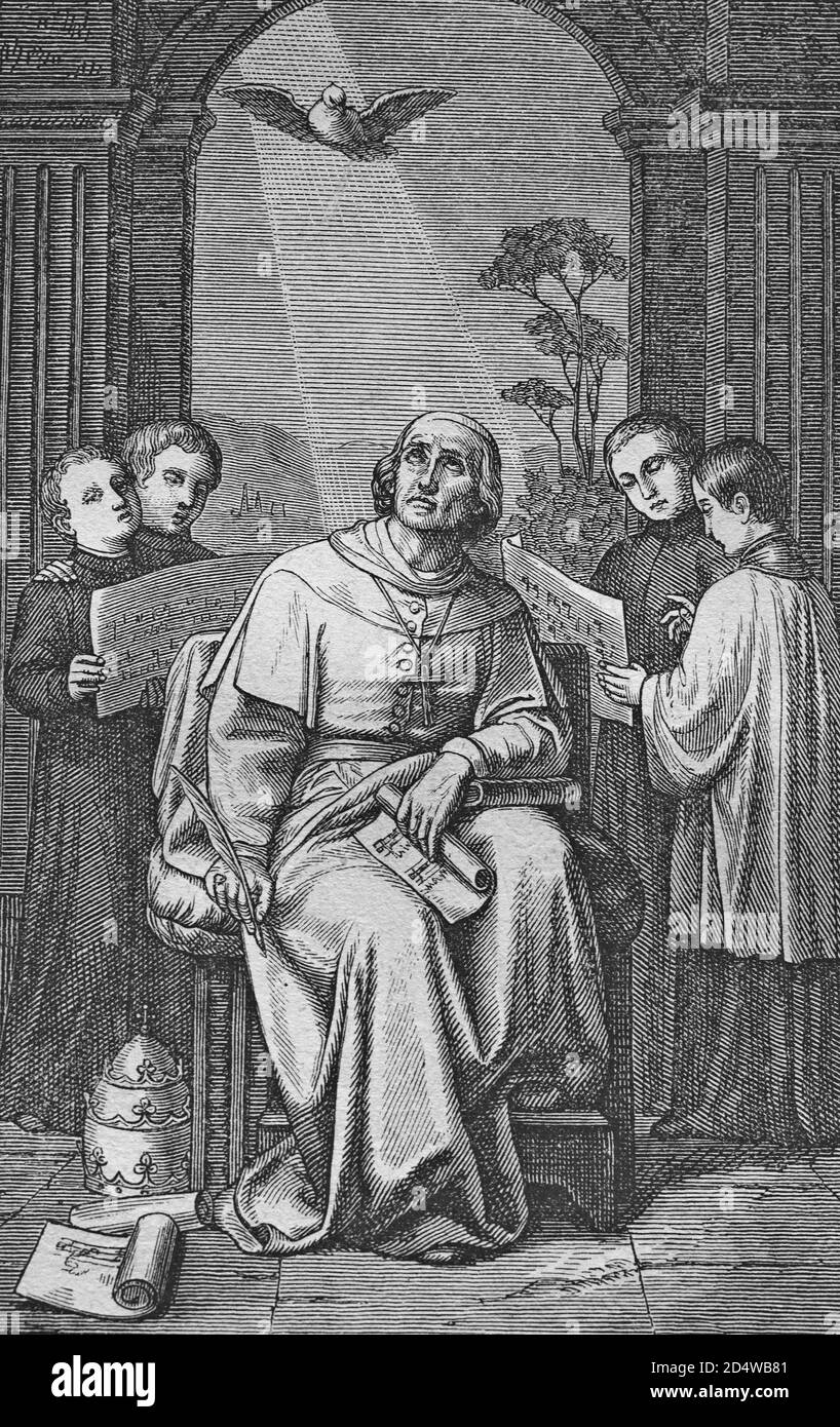 Le pape Gregorius I, gravure historique en acier de l'année 1860 Banque D'Images