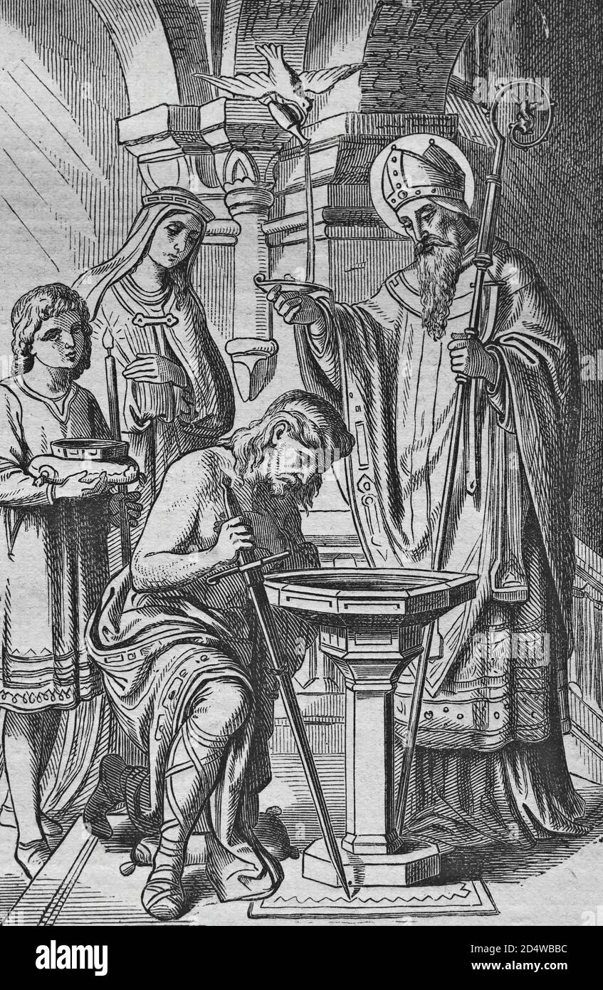 Le baptême Chlodwigs, gravure historique en acier de l'année 1860 Banque D'Images