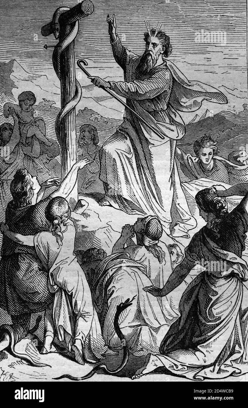 Moïse élève le serpent, gravure historique en acier de l'année 1860 Banque D'Images