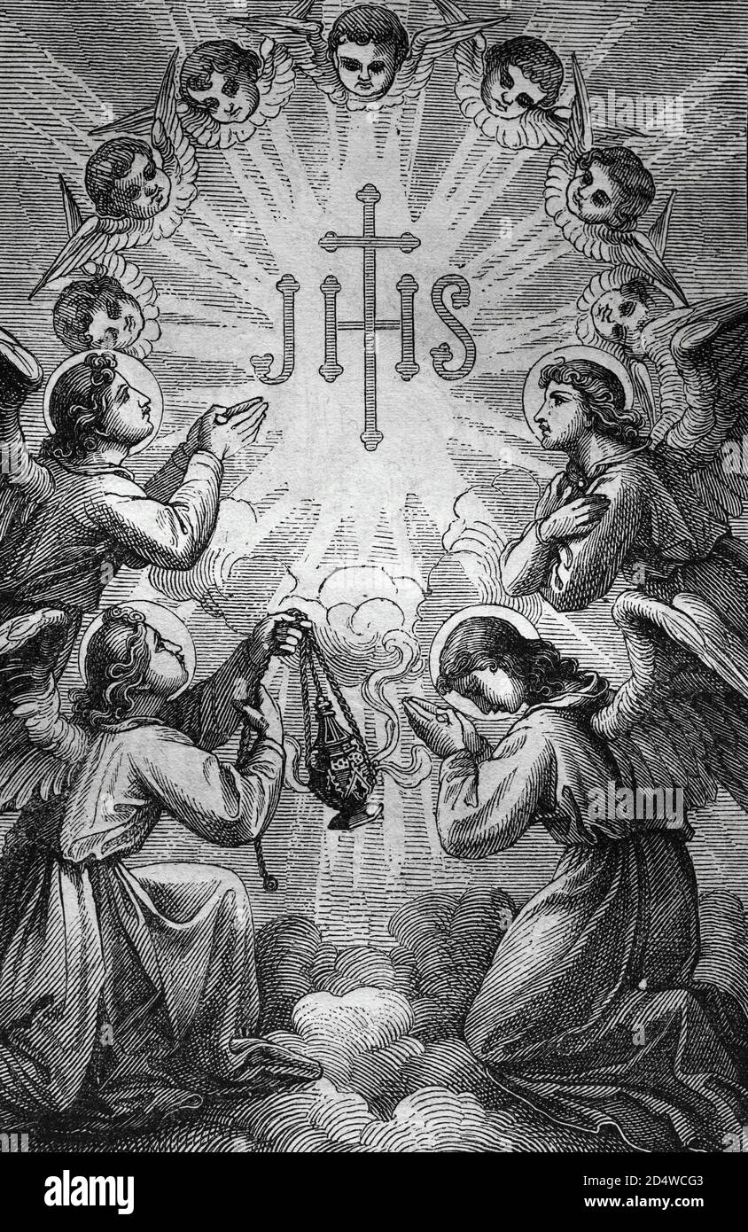 Le nom Jésus, gravure historique en acier de l'année 1860 Banque D'Images