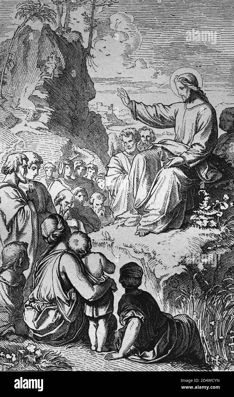 Le Sermon sur le Mont, gravure historique en acier de l'année 1860 Banque D'Images