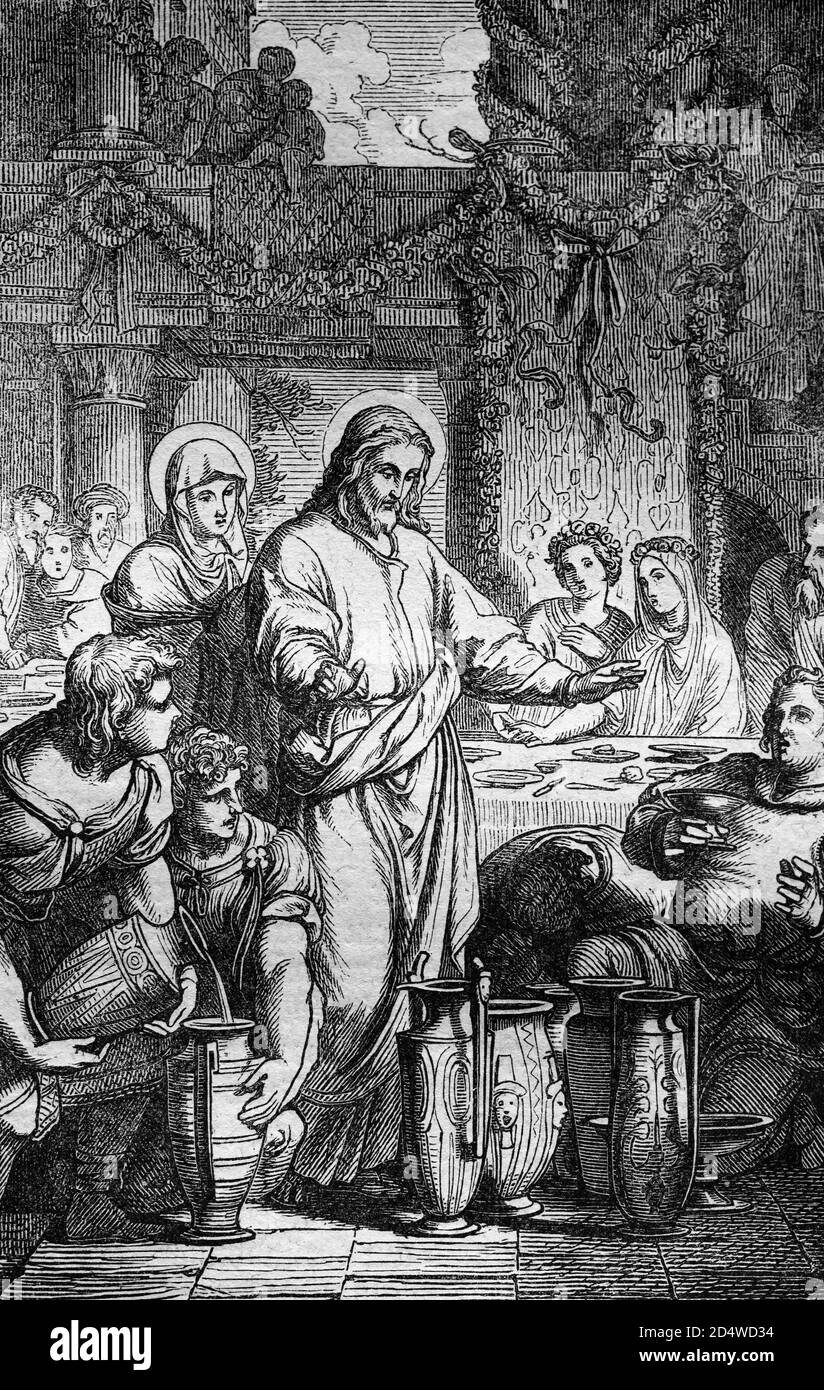 Jésus transforme l'eau en vin, gravure historique en acier de l'année 1860 Banque D'Images