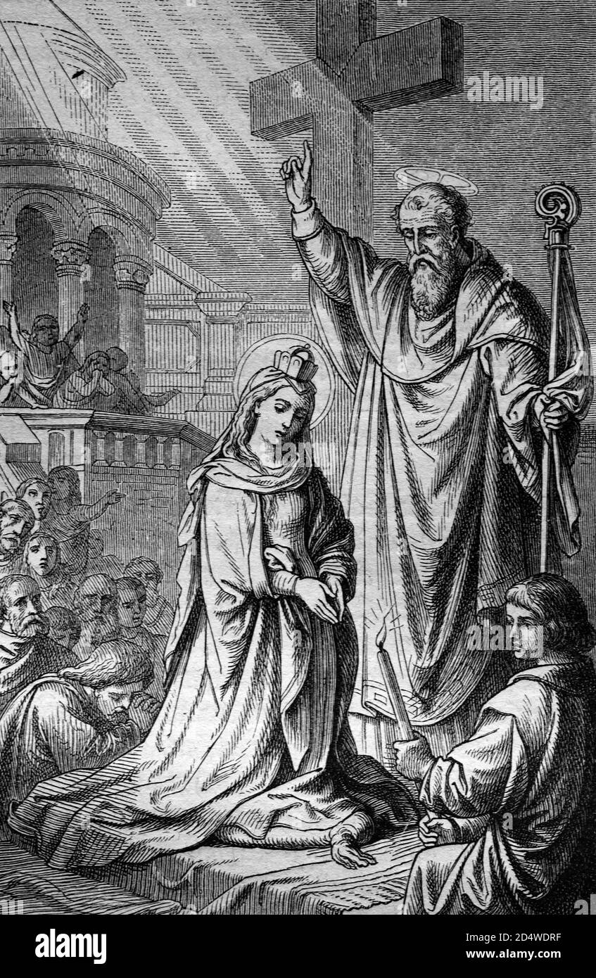 La découverte de la croix, la gravure historique en acier de la bible de 1860 Banque D'Images