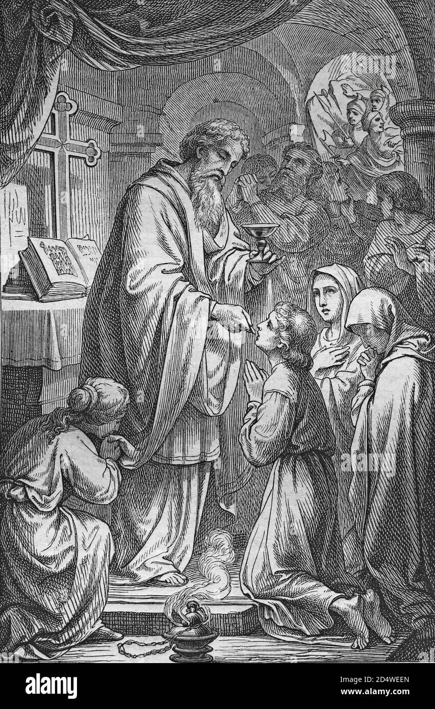 Une attaque dans les catacombes, gravure historique en acier de la bible de 1860 Banque D'Images