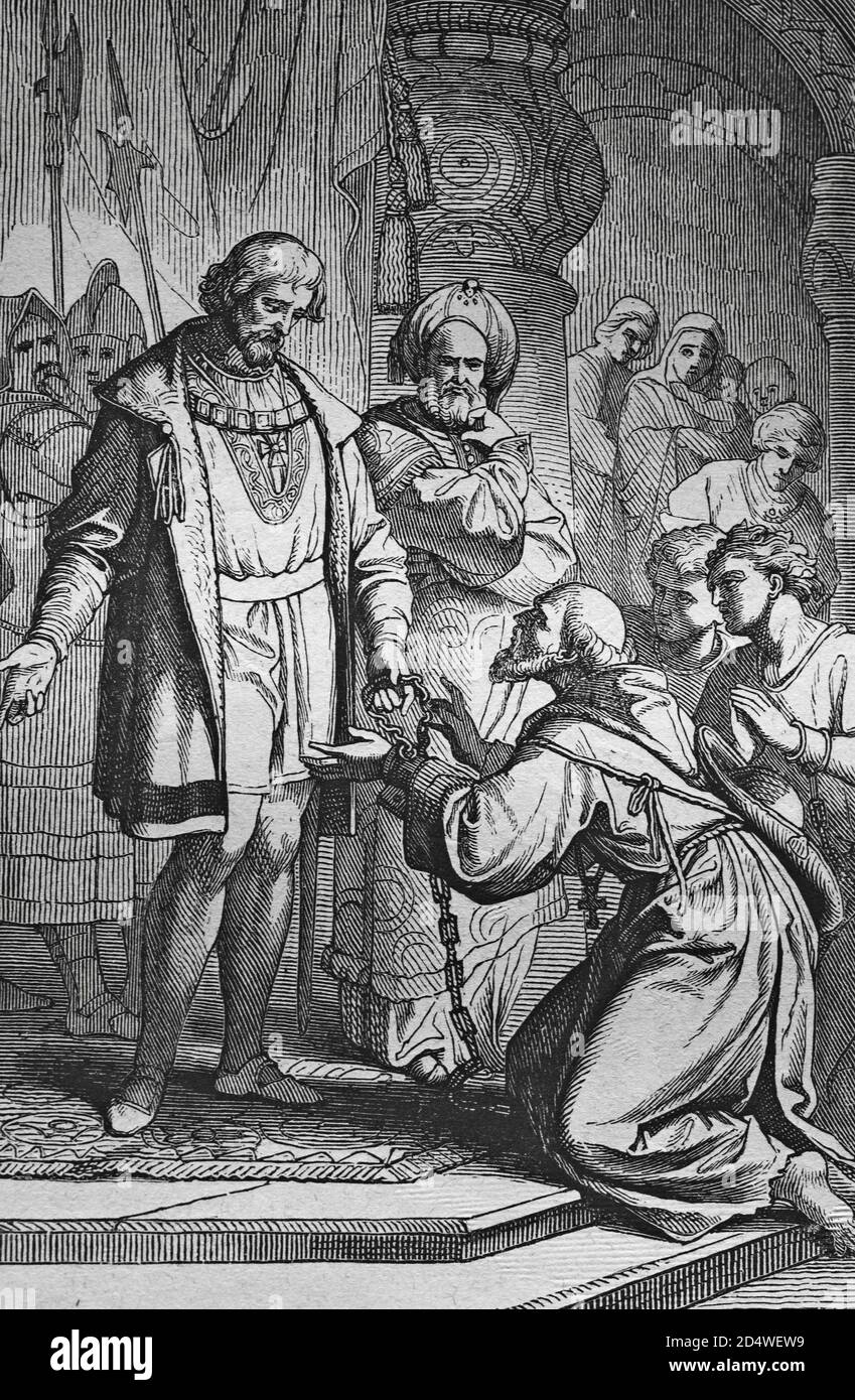 Les captifs rachetés, gravure en acier de la bible historique de 1860 Banque D'Images