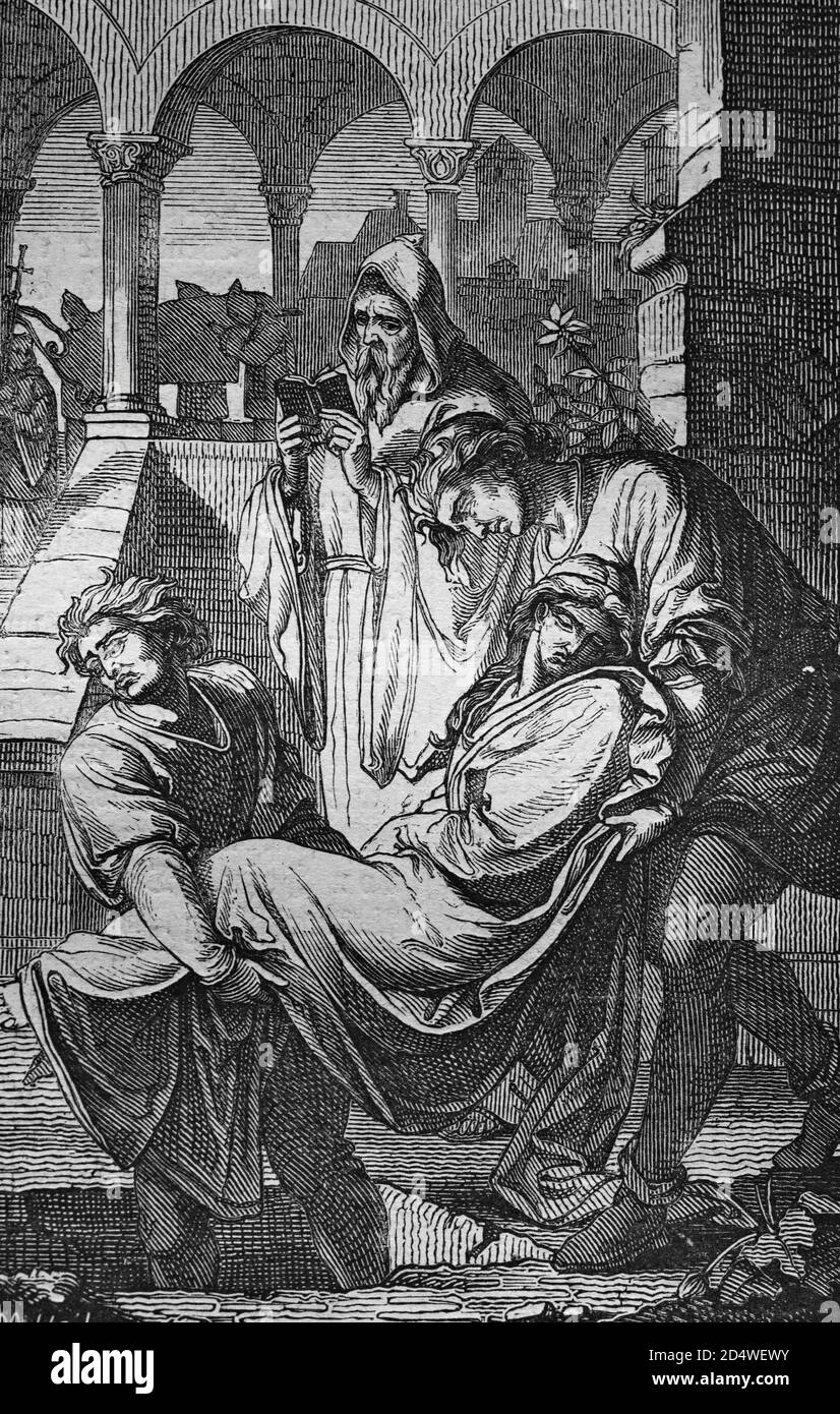 Enterrez les morts, la gravure historique en acier de la bible de 1860 Banque D'Images