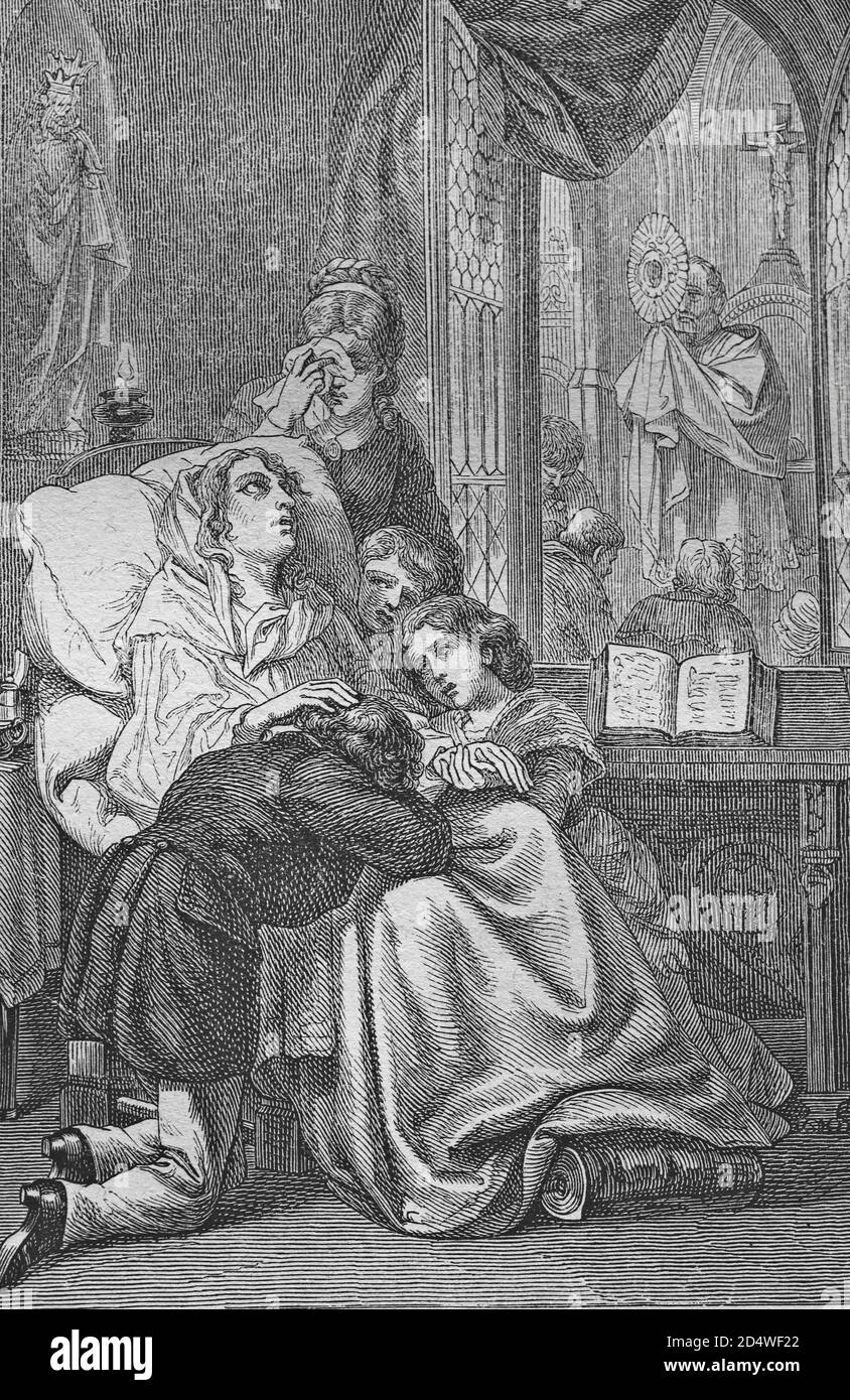 La mère mourante, gravure en acier de la bible historique de 1860 Banque D'Images