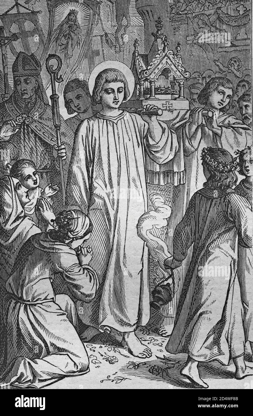 Transfert de la couronne d'épines à l'église Genoveva à Paris, gravure en acier de la bible historique de 1860 Banque D'Images