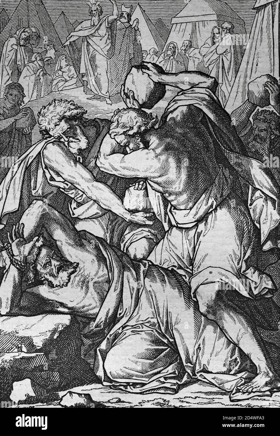 Les israeltes pierre un blasphemer, historique bible gravure en acier de 1860 Banque D'Images