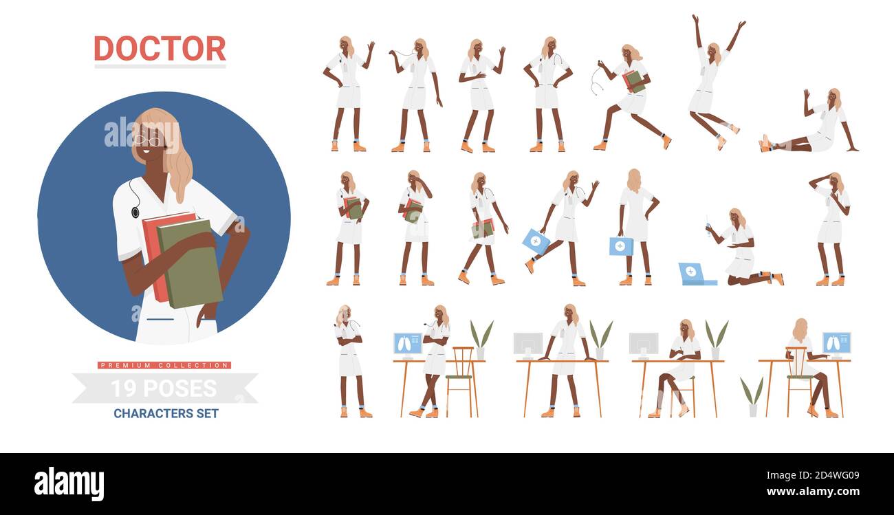 Le médecin pose une illustration vectorielle. Personnage du personnel médical du médecin de dessin animé au travail à l'hôpital, une infirmière féminine prend soin des patients, debout et assise avec un sac de médecine d'urgence isolé sur blanc Illustration de Vecteur