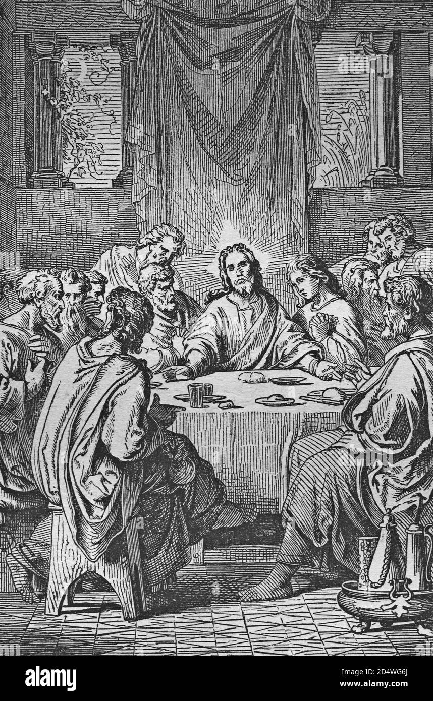 La Cène, gravure en acier de la bible historique de 1860 Banque D'Images
