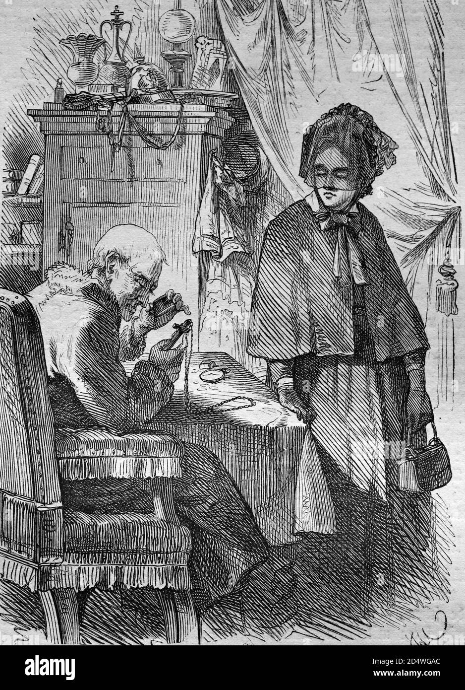 Tirer profit des veuves, gravure historique en acier d'une bible 1860 Banque D'Images