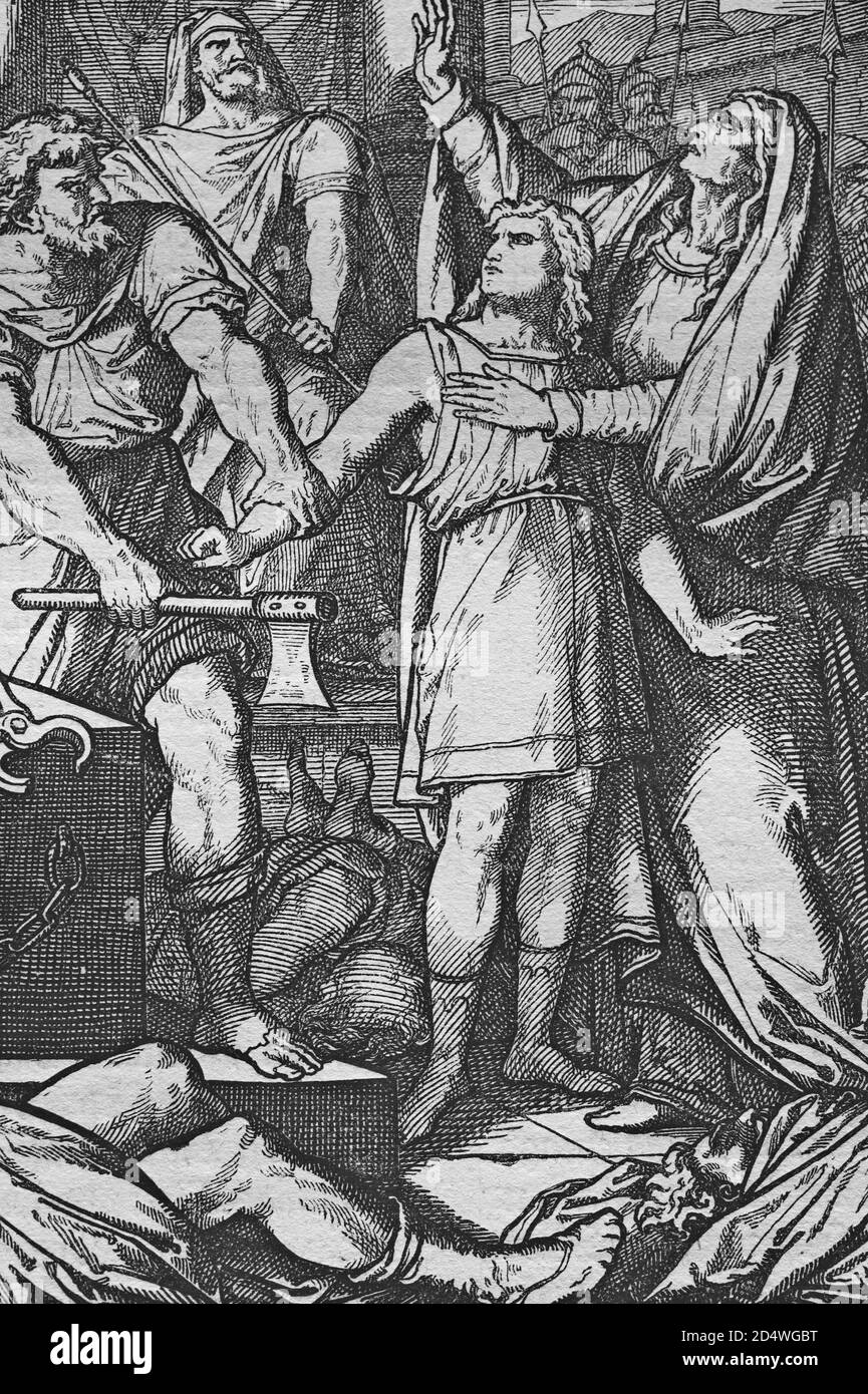 Les frères maccabéens et leur mère, gravure historique en acier d'une bible 1860 Banque D'Images