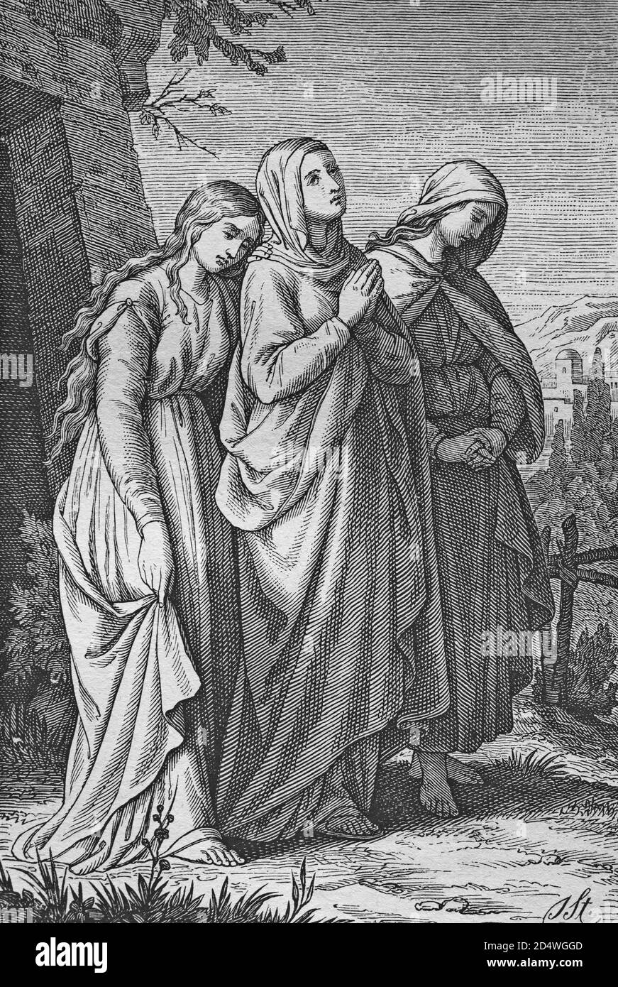 Retour de la tombe du Seigneur, gravure historique en acier d'une bible 1860 Banque D'Images