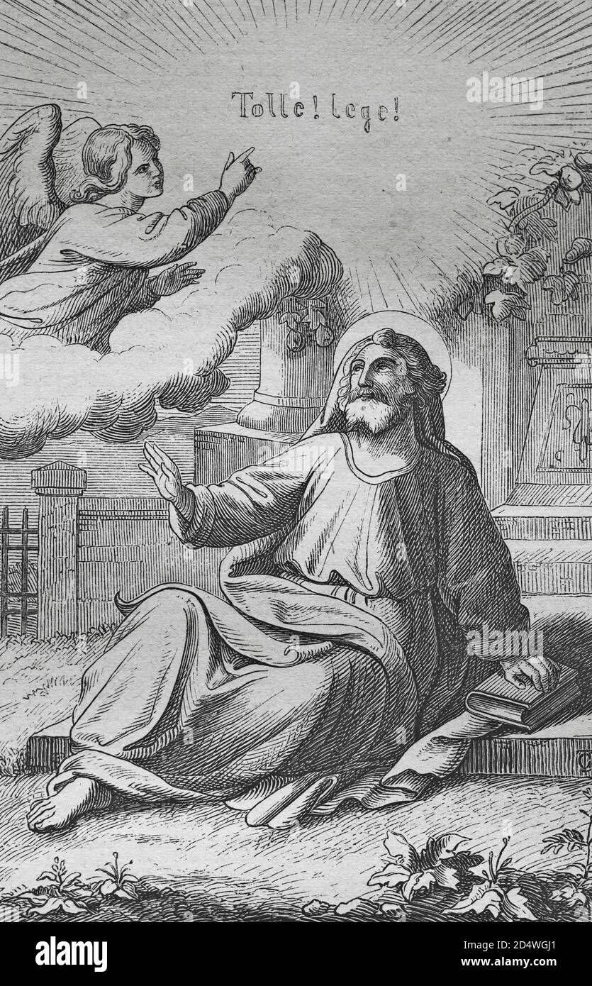 Prendre et lire, gravure historique en acier d'une bible 1860 Banque D'Images