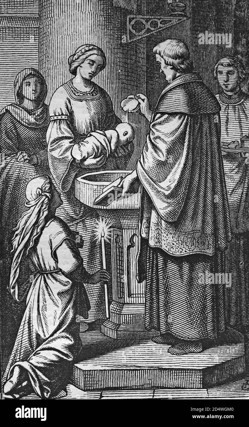 Le Saint Baptême, gravure historique en acier d'une bible 1860 Banque D'Images