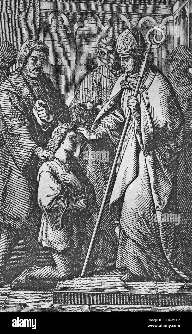 La confirmation sainte, gravure historique en acier d'une bible 1860 Banque D'Images