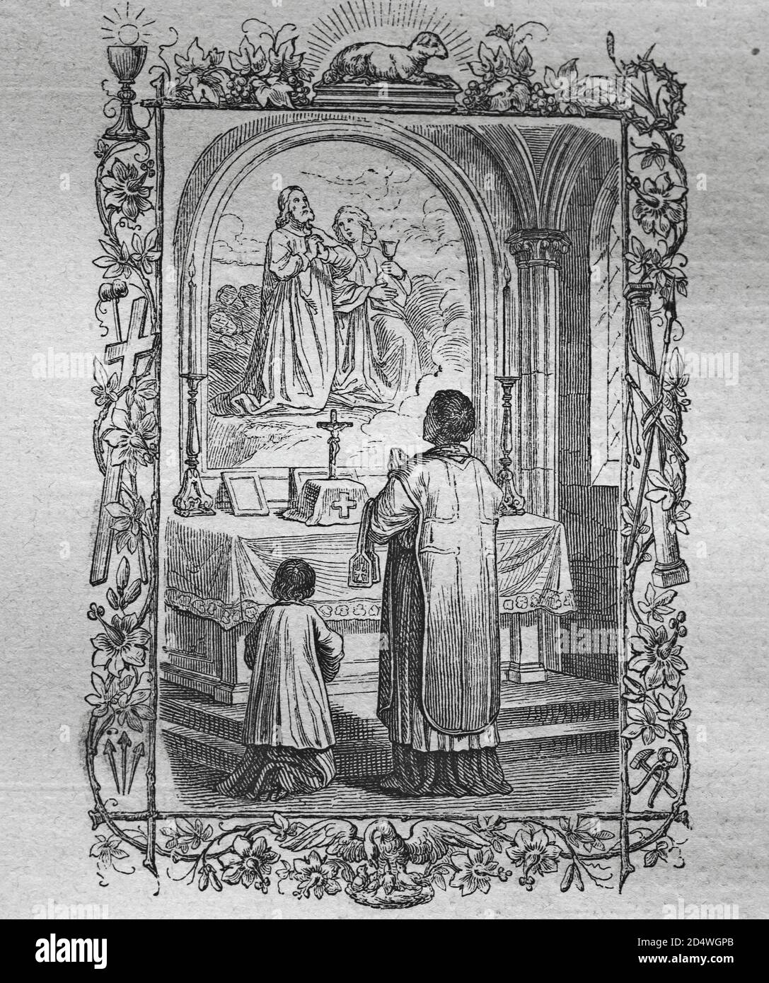 Priant sur les marches de l'oldar, gravure historique en acier d'une bible 1860 Banque D'Images