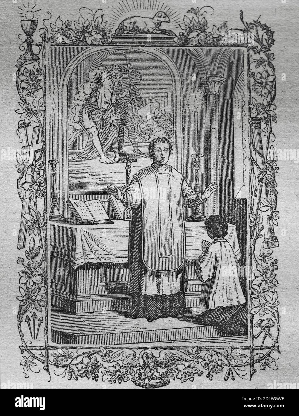 À Orate Fratres, gravure historique en acier d'une bible 1860 Banque D'Images