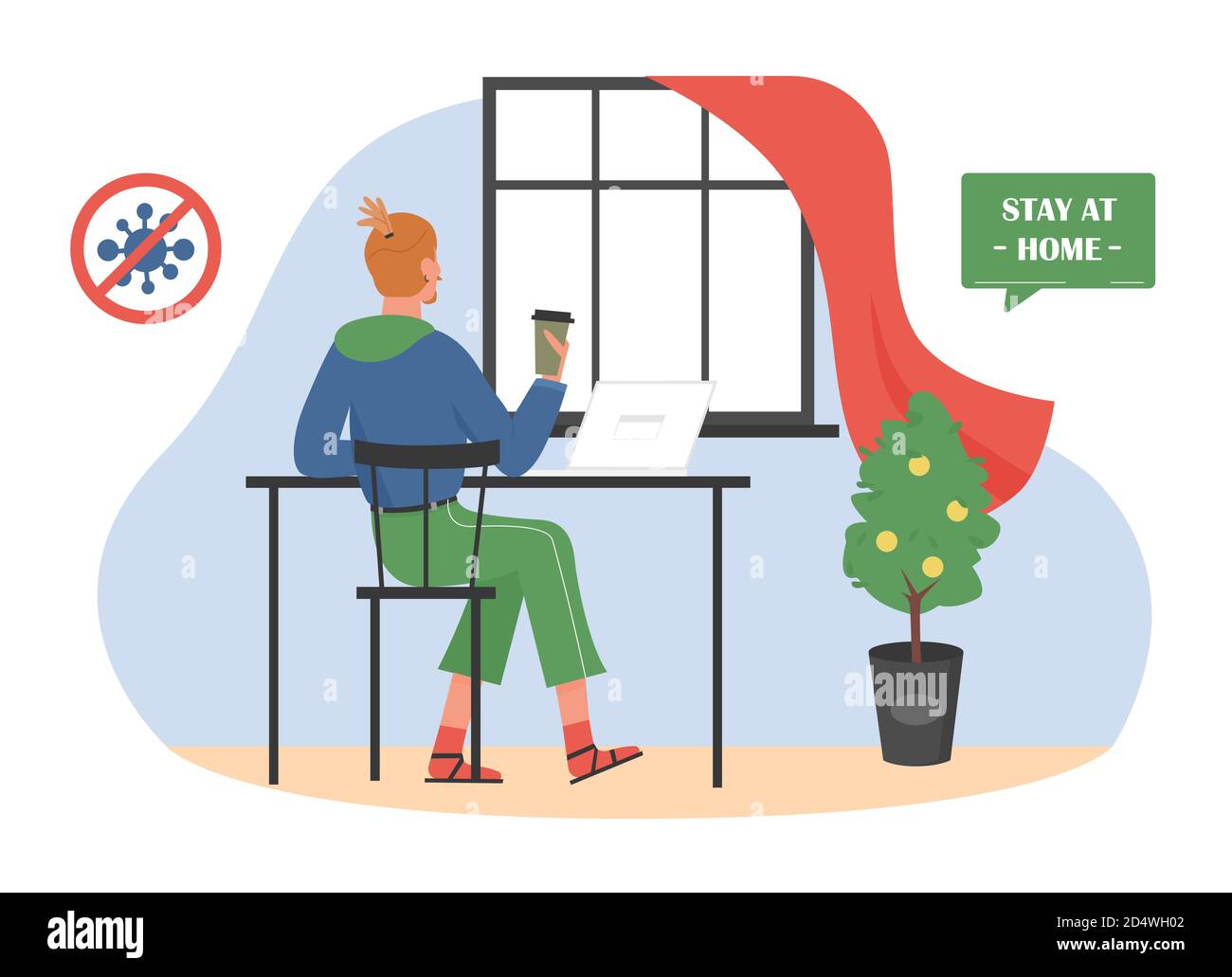 Illustration vectorielle travail à domicile. Homme de dessin animé travailleur indépendant assis à l'intérieur de la salle de bureau à domicile, travaillant avec un ordinateur portable dans le travail indépendant. Mesures préventives de quarantaine du coronavirus conseils contexte Illustration de Vecteur