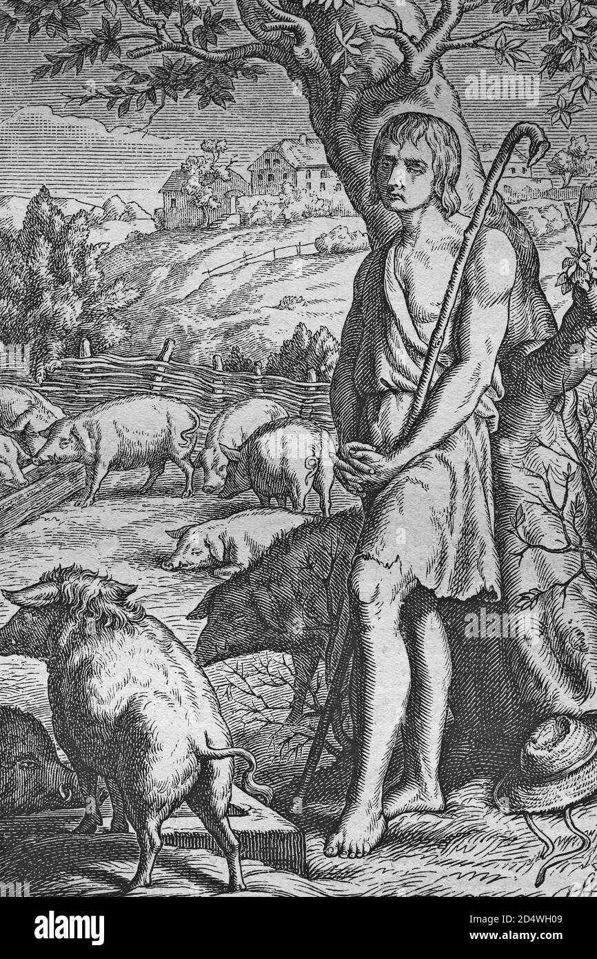 Le fils prodigue, gravure en acier historique d'une bible 1860 Banque D'Images