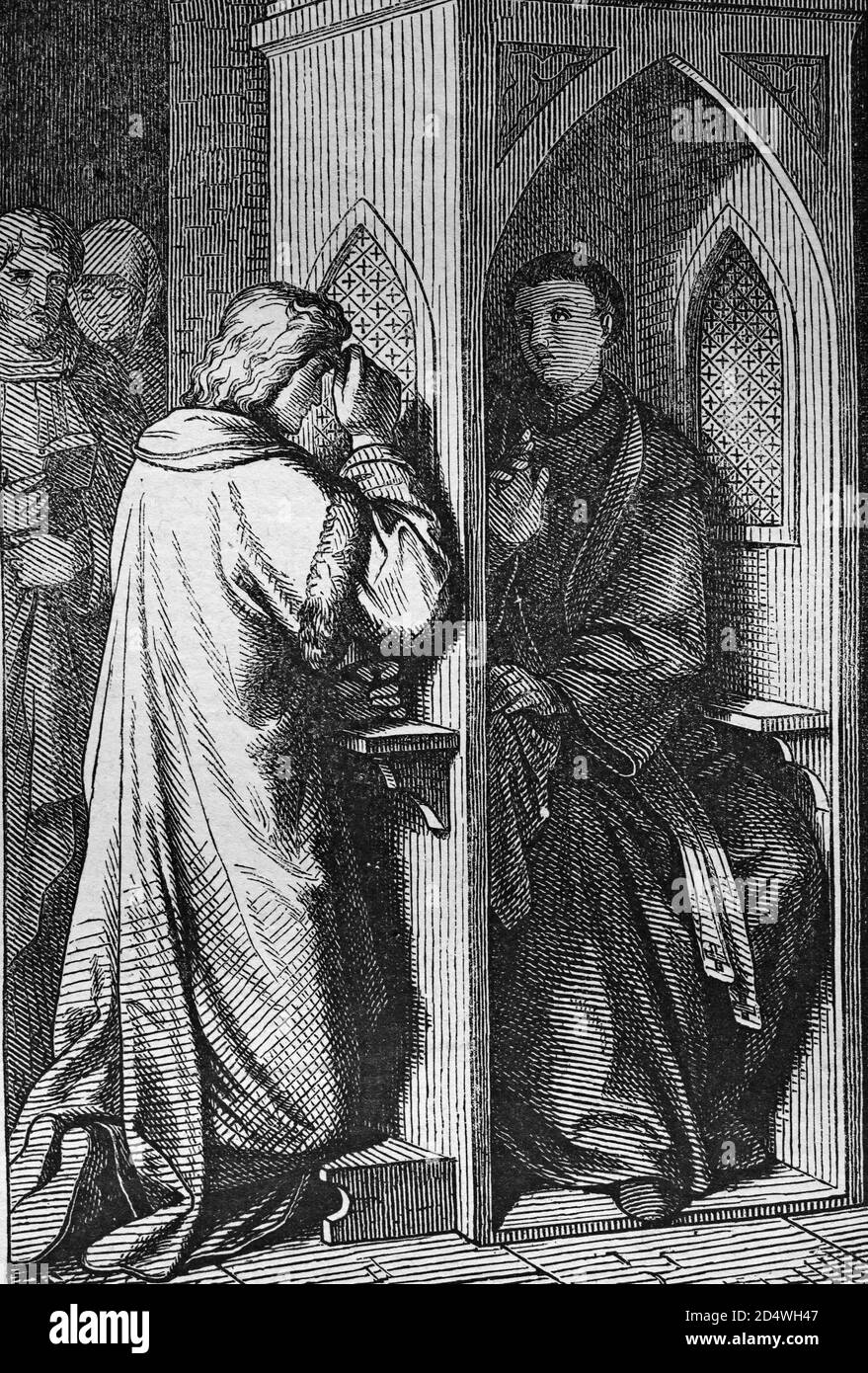 Confession, gravure historique en acier d'une bible 1860 Banque D'Images