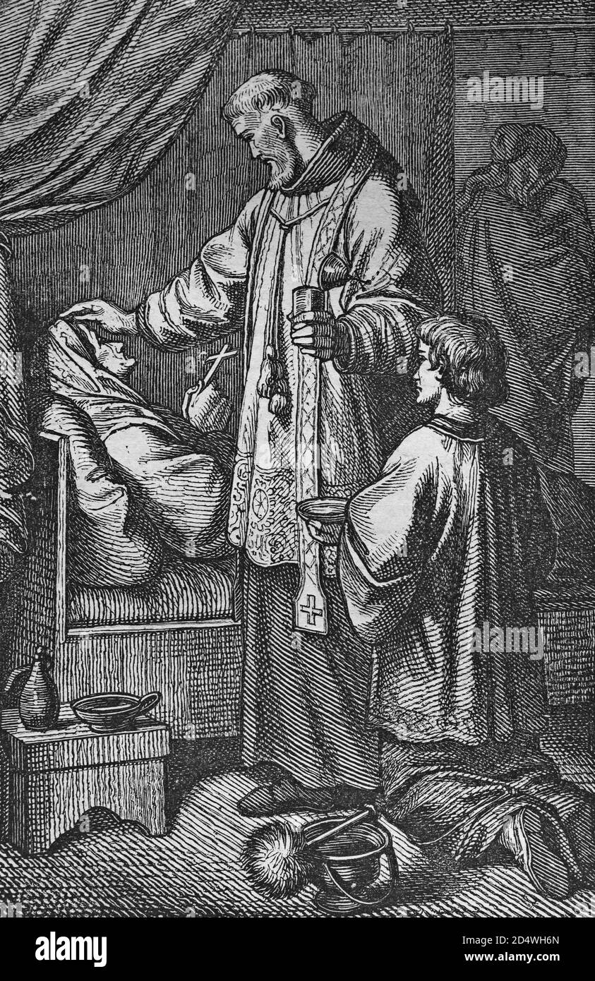 Les derniers rites, gravure historique en acier d'une bible 1860 Banque D'Images