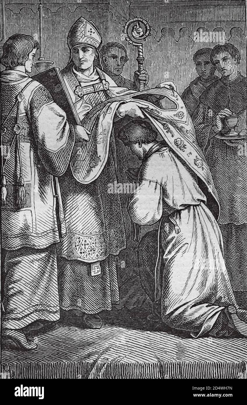 Ordination, gravure historique en acier d'une bible 1860 Banque D'Images