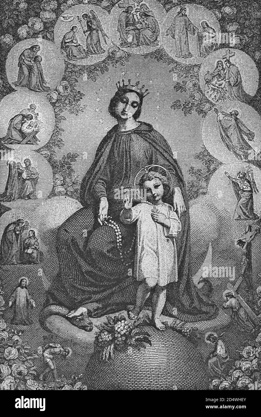 La reine du Saint Rosaire, gravure historique en acier d'une bible 1860 Banque D'Images