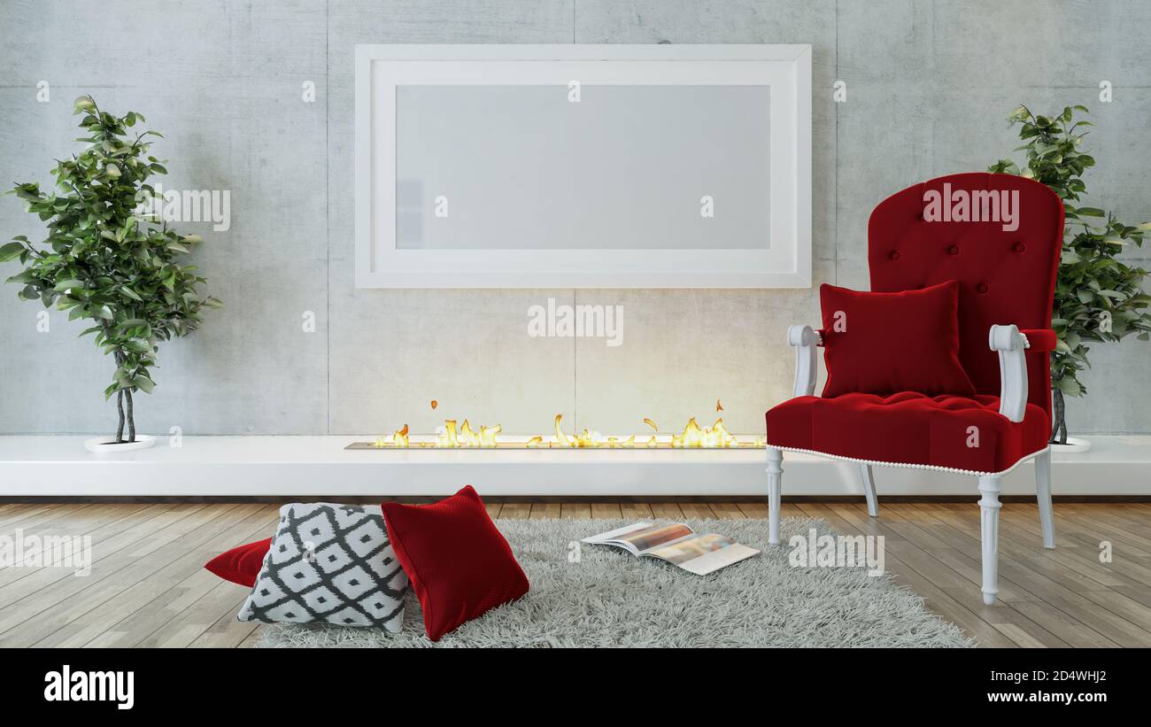 Décoration simple rouge et cheminée moderne dans la chambre revêtement mural en béton et parquet Rendu 3D Banque D'Images