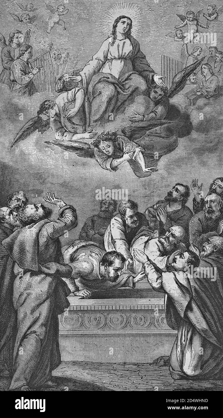 Assomption de Marie, gravure historique en acier d'une bible 1860 Banque D'Images
