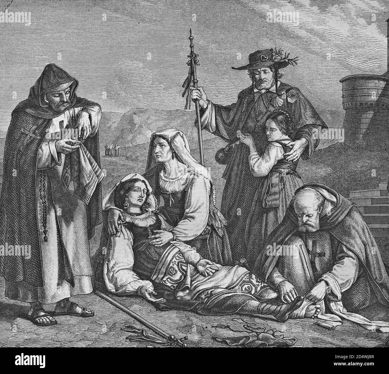 Pèlerins sur le chemin de Rome, gravure historique en acier d'une bible 1860 Banque D'Images