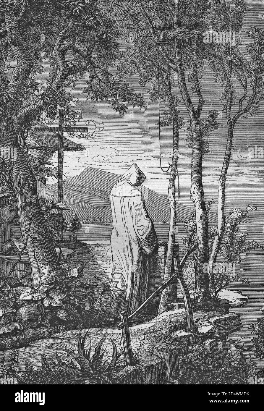 Le moine dans le jeûne et la prière, gravure historique en acier d'une bible 1860 Banque D'Images