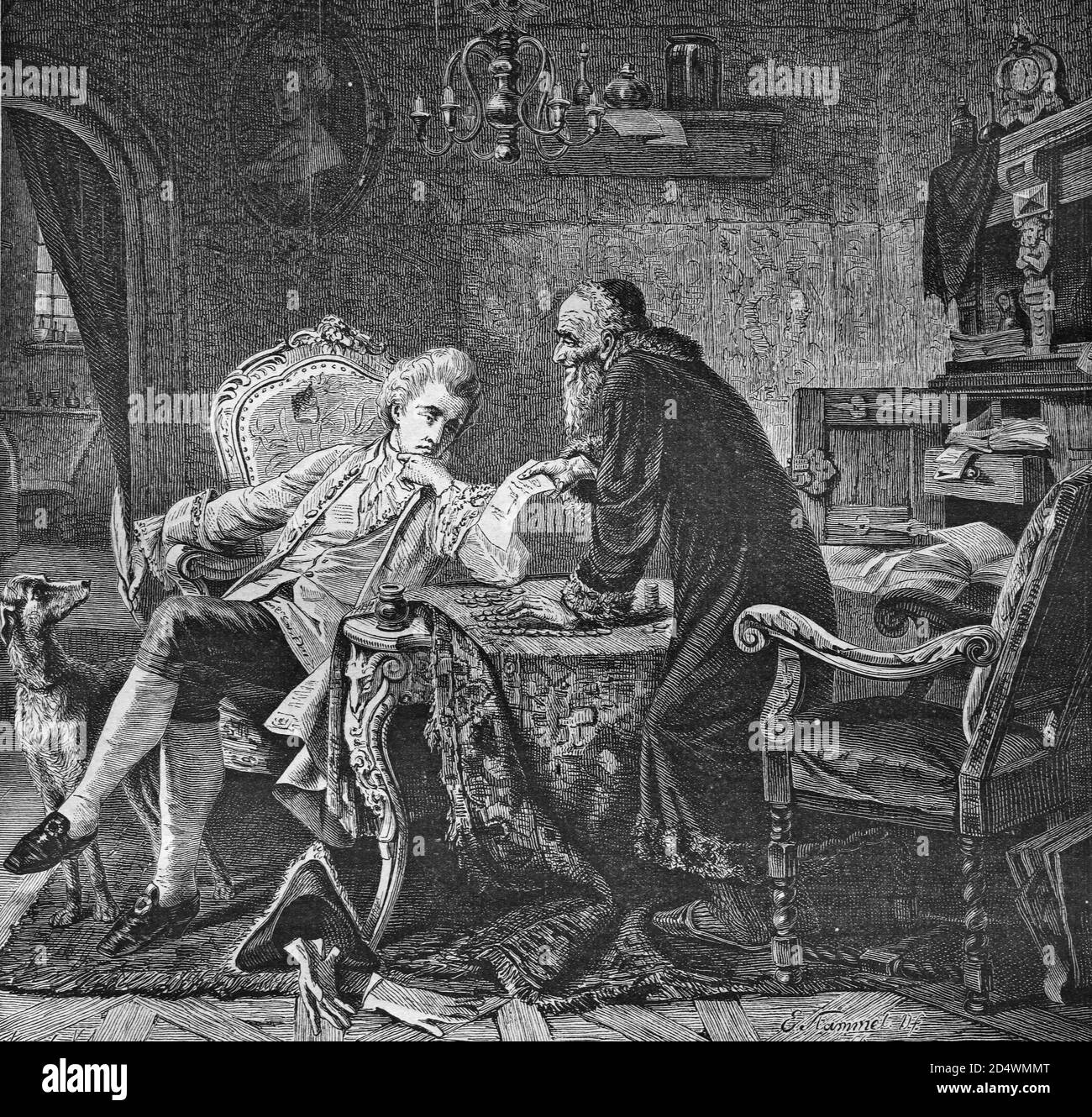 Le livre de comptabilité, gravure historique en acier d'une bible 1860 Banque D'Images