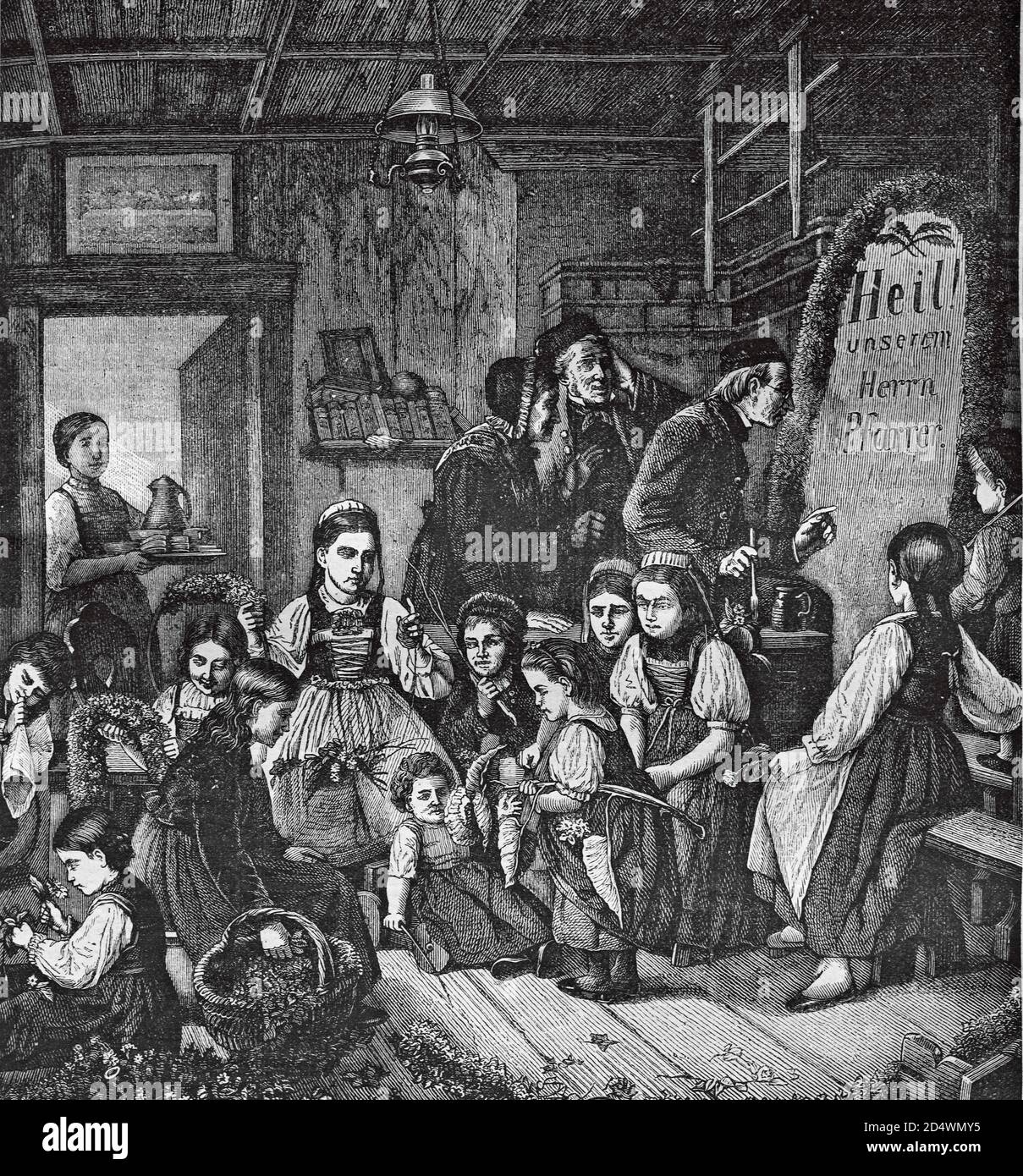 Le jour du nom du pasteur, gravure historique en acier d'une bible 1860 Banque D'Images