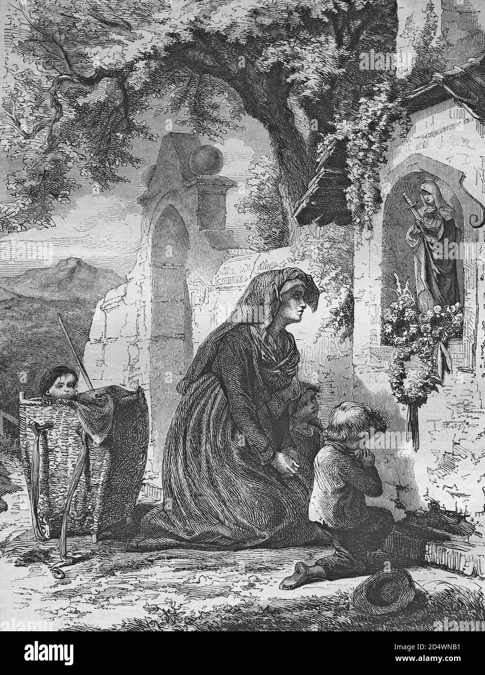 Invocation de saints, gravure historique en acier d'une bible 1860 Banque D'Images