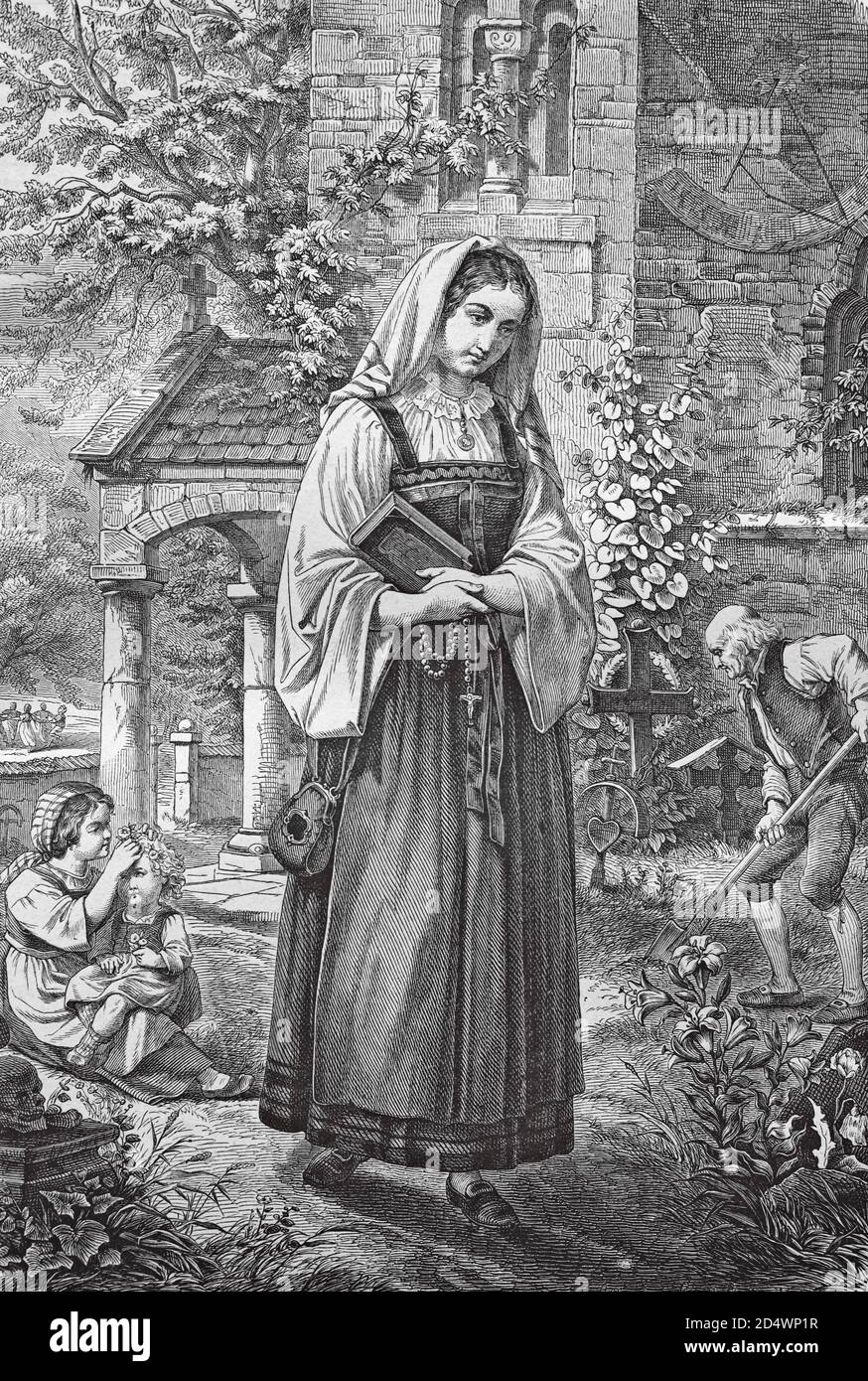 La fille dans le cimetière, gravure historique en acier d'une bible 1860 Banque D'Images