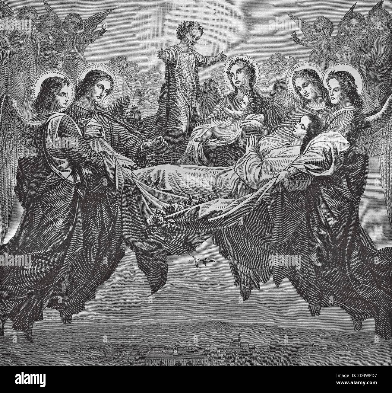 La Réunion au ciel, gravure historique en acier d'une bible 1860 Banque D'Images