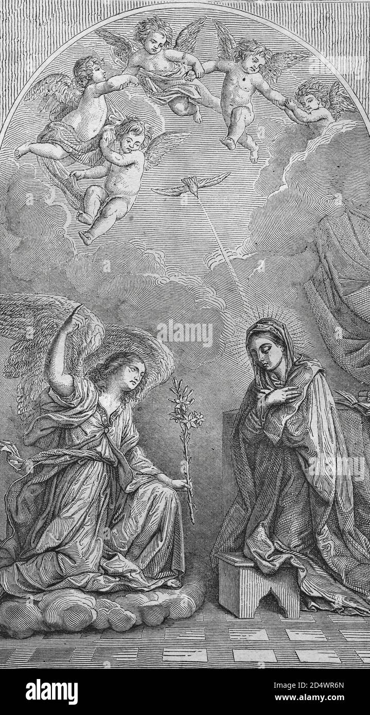 Annonce de Maria, gravure historique en acier d'une bible 1860 Banque D'Images