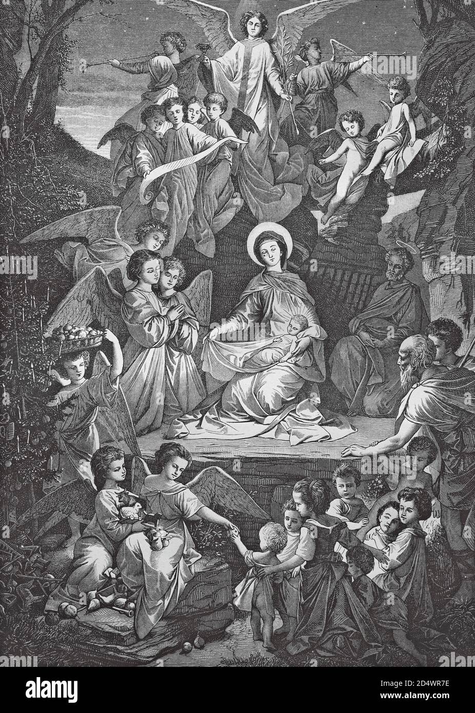 Noël chrétien, gravure historique en acier d'une bible 1860 Banque D'Images