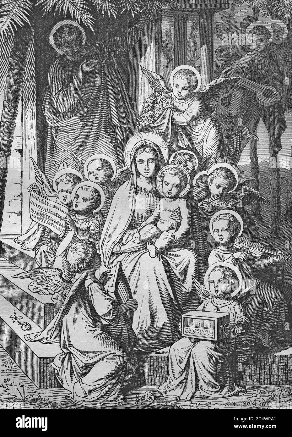 Les anges louant le Sauveur, gravure historique en acier d'une bible 1860 Banque D'Images