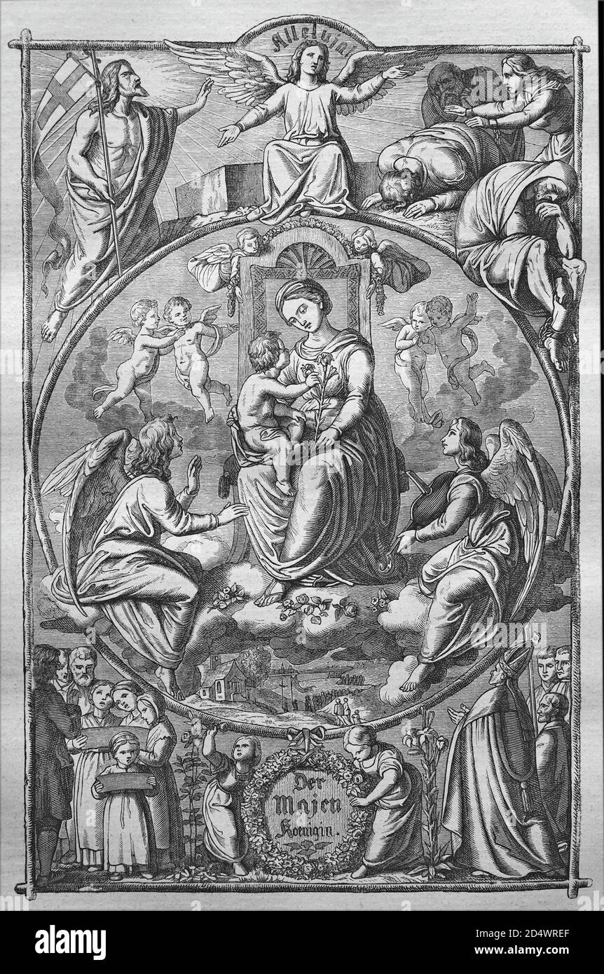 La vie de printemps dans l'église, gravure historique en acier d'une bible 1860 Banque D'Images