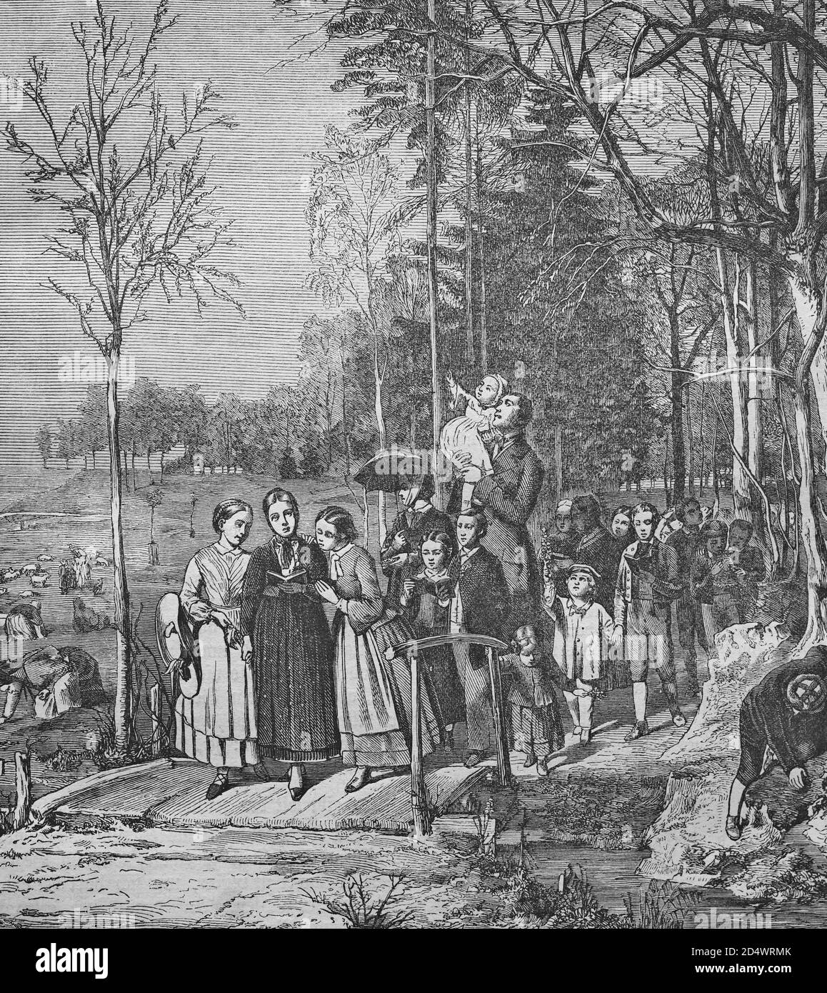 Sortie Sanday d'une famille chrétienne, gravure historique en acier d'une bible 1860 Banque D'Images