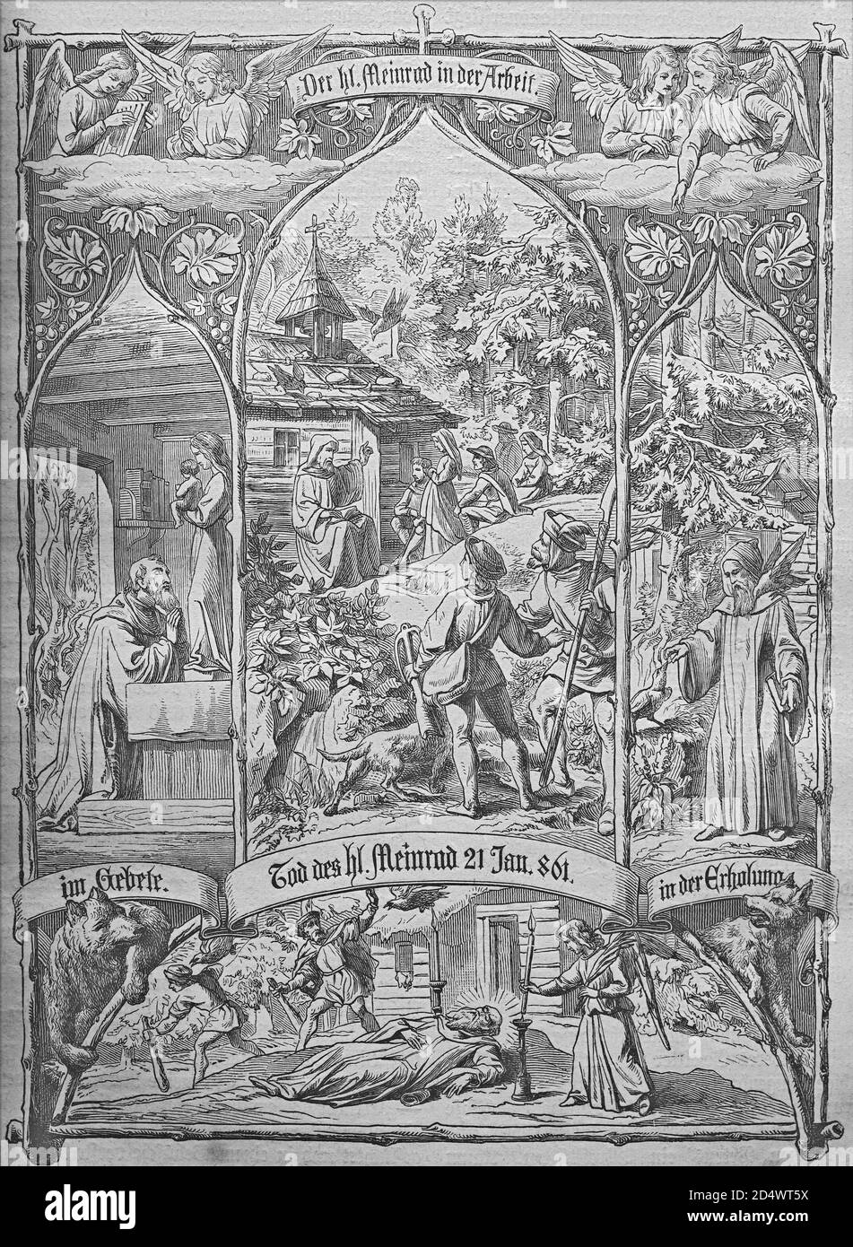 Saint-Meinrad, gravure en acier historique d'une bible 1860 Banque D'Images