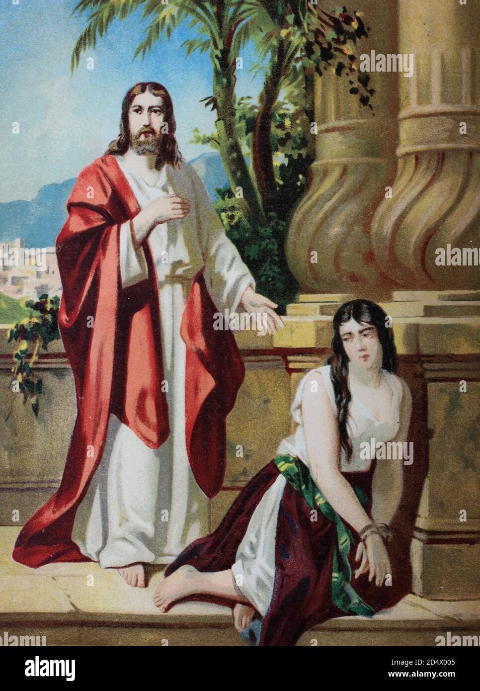 Christ et l'adultère, chromolithpraph d'une Bible, 1870 Banque D'Images