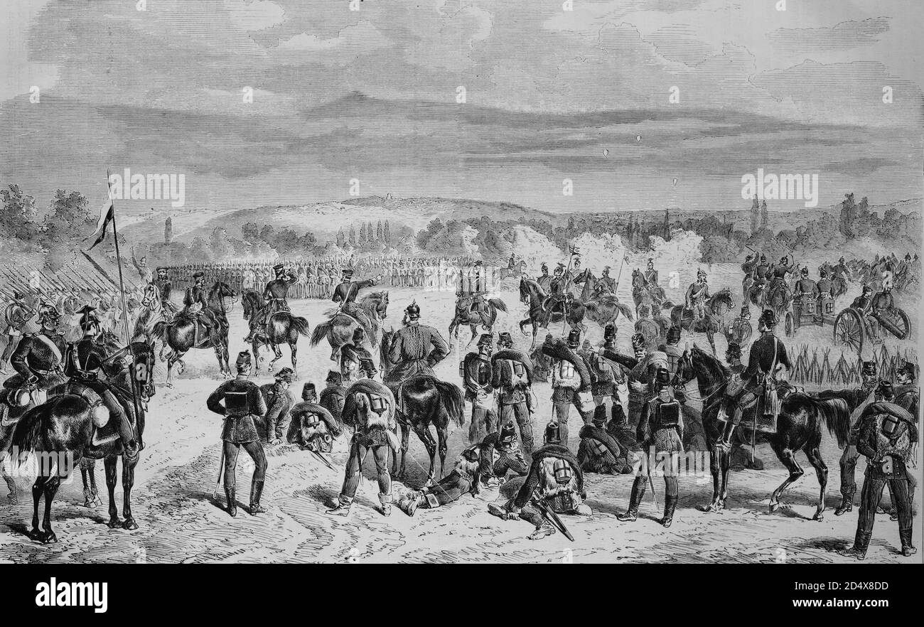 Arrivée de la garde prussienne dans les positions extérieures à Paris le 29 septembre 1870, histoire de guerre illustrée, guerre allemande - française 1870-1871 Banque D'Images