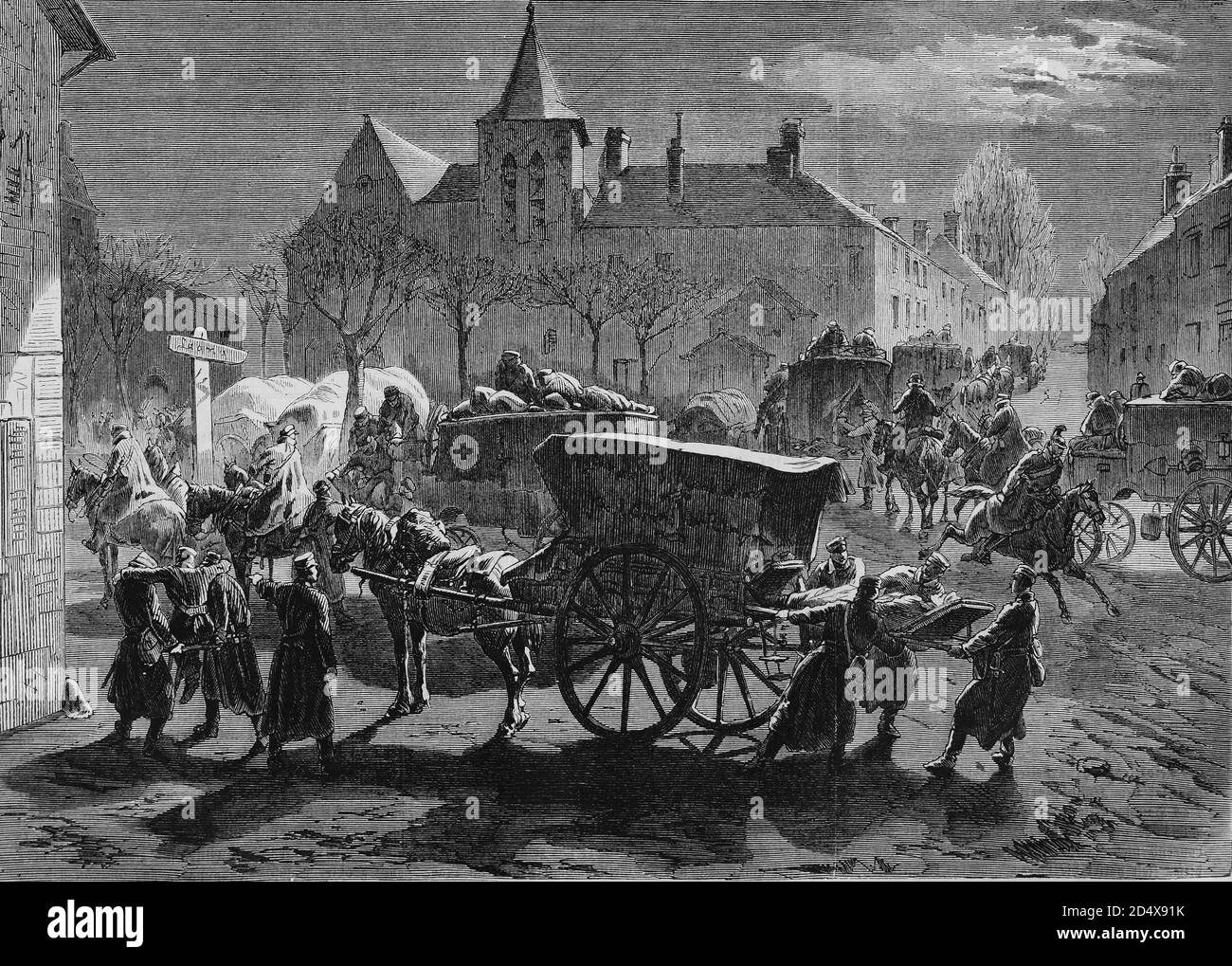 Arrivée des Saxons blessés dans les champs, histoire de la guerre illustrée, guerre allemande - française 1870-1871 Banque D'Images