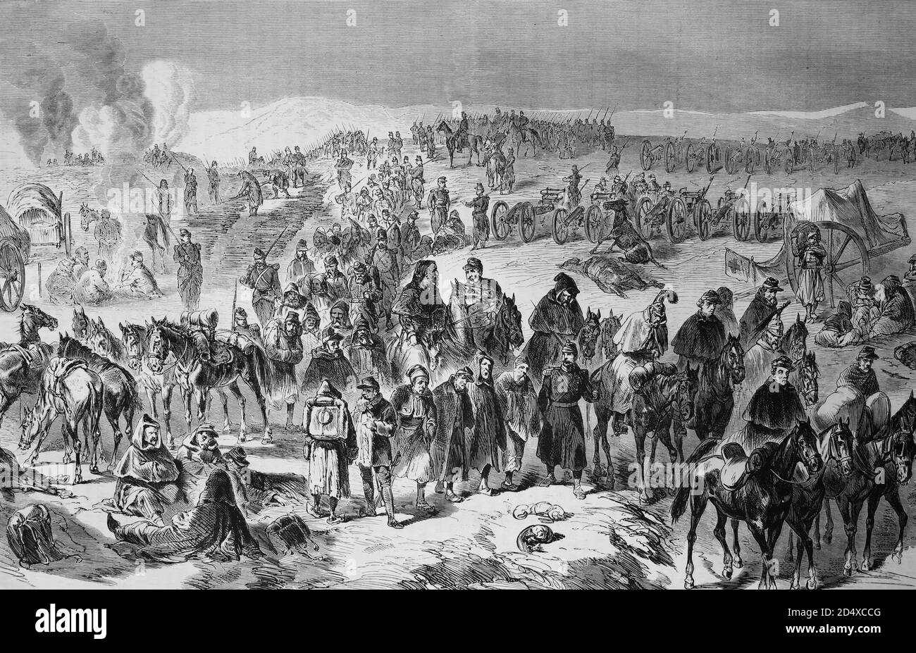 Dissolution de la trope de l'armée Bourbaki près des Verrières sur le territoire suisse, histoire de guerre illustrée, guerre allemande - française 1870-1871 Banque D'Images